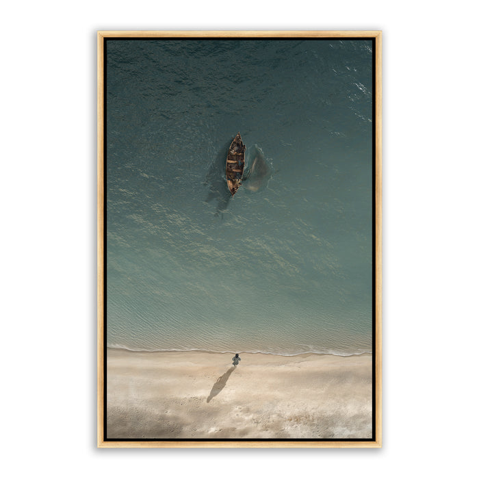 Jesus Christ 'Before the Catch' boat scene. Modern realistic Christian paintings on canvas with gold frame by Reflections of Christ.