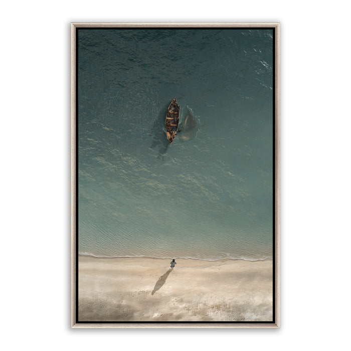 Jesus Christ 'Before the Catch' boat scene. Modern realistic Christian paintings on canvas with silver frame by Reflections of Christ.