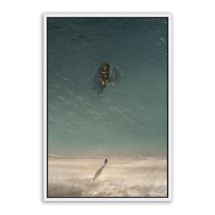 Jesus Christ 'Before the Catch' boat scene. Modern realistic Christian paintings on canvas with white frame by Reflections of Christ.