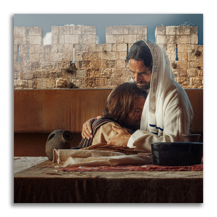 Realistic Christian photo. 'John' the Beloved with Jesus at Last Supper on metal print by Reflections of Christ.