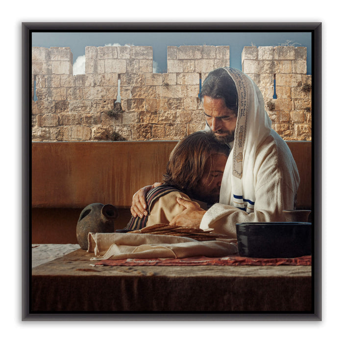 Realistic Christian photo. 'John' the Beloved with Jesus at Last Supper on metal with black frame by Reflections of Christ.