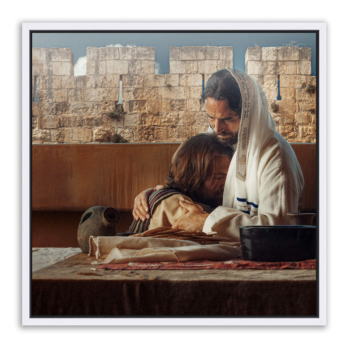 Realistic Christian photo. 'John' the Beloved with Jesus at Last Supper on metal with white frame by Reflections of Christ.