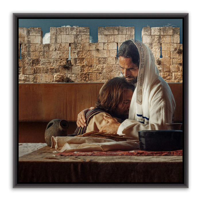 Realistic Christian photo. 'John' the Beloved with Jesus at Last Supper on canvas with black frame by Reflections of Christ.
