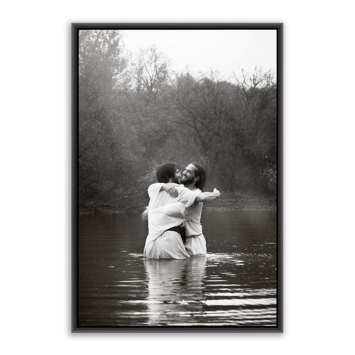 Jesus Christ 'Joy' baptismal embrace. Modern Christian art work on metal with black frame by Reflections of Christ.