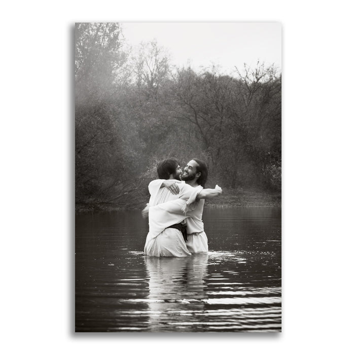 Jesus Christ 'Joy' baptismal embrace. Modern Christian art work on metal by Reflections of Christ.