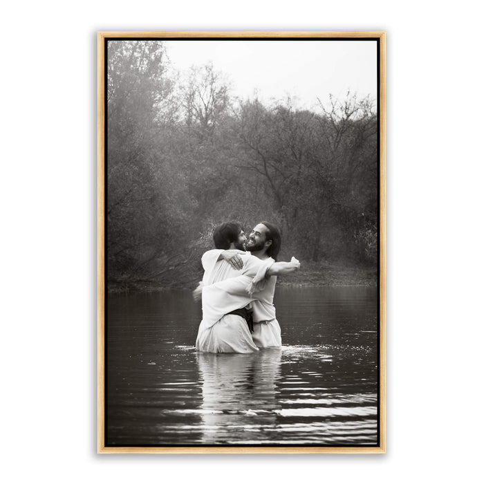 Jesus Christ 'Joy' baptismal embrace. Modern Christian art work on metal with gold frame by Reflections of Christ.