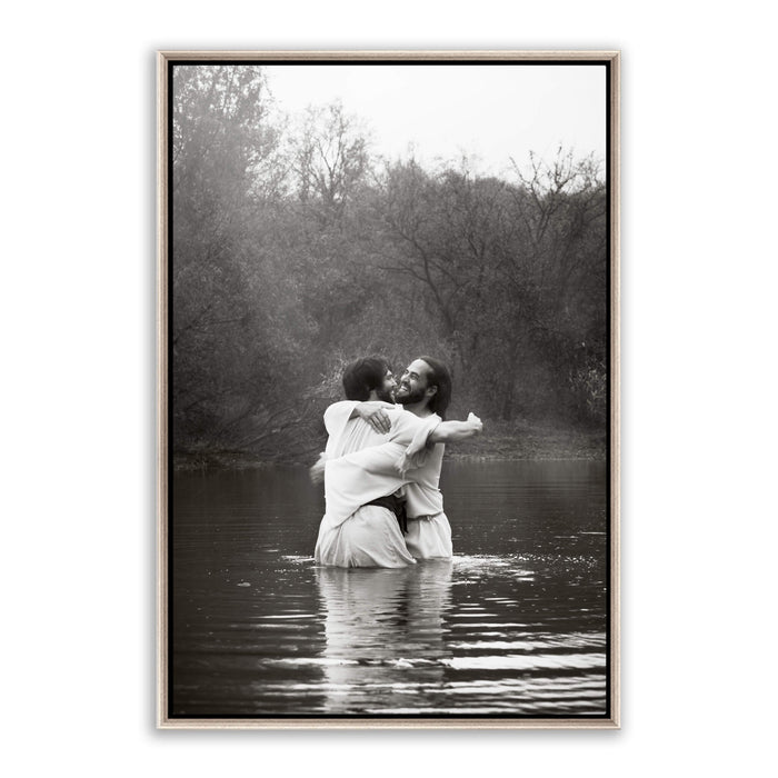 Jesus Christ 'Joy' baptismal embrace. Modern Christian art work on metal with silver frame by Reflections of Christ.