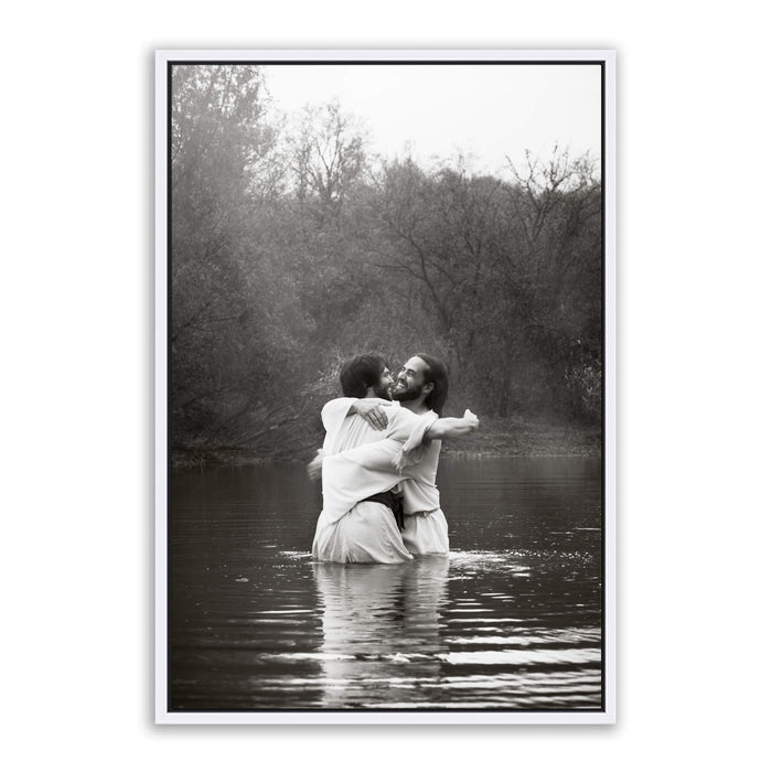 Jesus Christ 'Joy' baptismal embrace. Modern Christian art work on metal with white frame by Reflections of Christ.