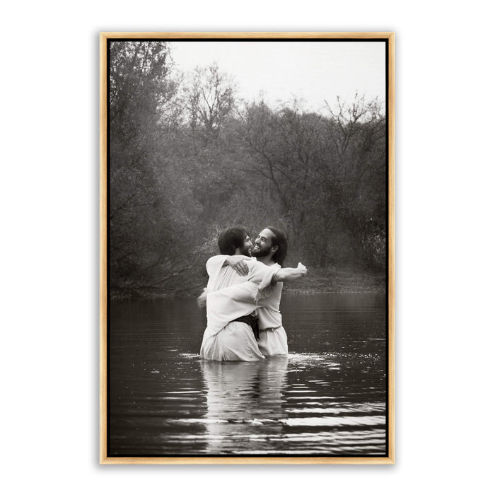 Jesus Christ 'Joy' baptismal embrace. Modern Christian art work on canvas with gold frame by Reflections of Christ.