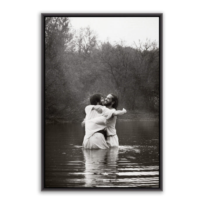 Jesus Christ 'Joy' baptismal embrace. Modern Christian art work on canvas with black frame by Reflections of Christ.