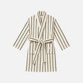 Cream striped robe with waist tie and two pockets, flat lay display.