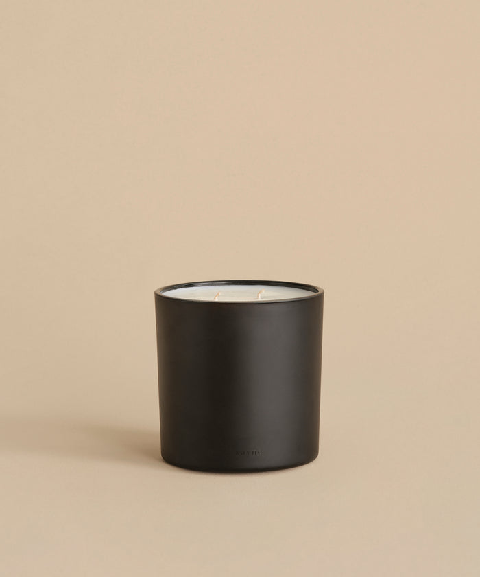 The Large Aspen Glass Candle features two wicks and white wax in a matte black holder. Hand-poured in Los Angeles, it sits on a neutral beige surface with a matching background.