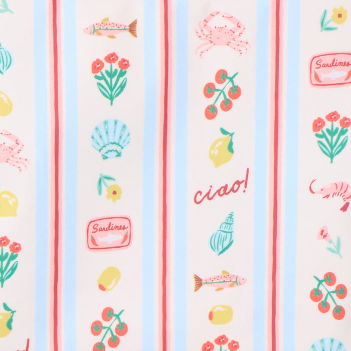 "Light blue fabric with a vertical striped pattern featuring cute illustrations of lemons, tomatoes, sardines, and shells.