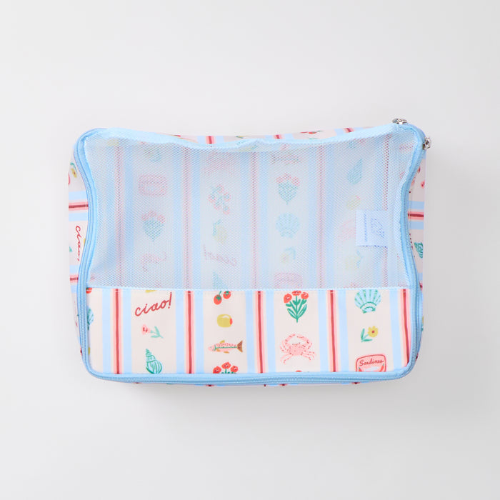Large Packing Cube in Dolce Vita print featuring light blue stripes and illustrations of lemons, shells, and sardines.