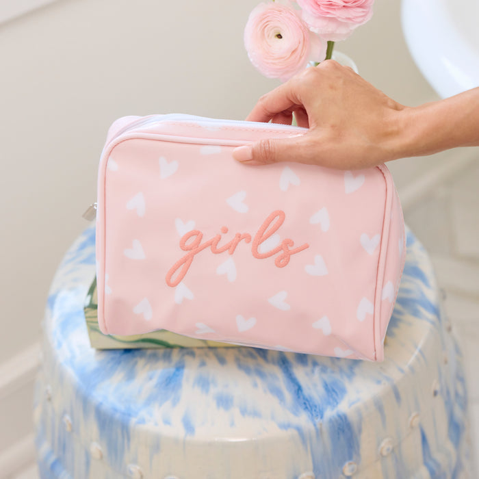 photo of the large patterned toiletry bag archive in Tossed Pink Hearts with embroidery