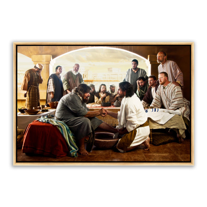 Jesus Christ washing Peter's feet. 'Last Supper' realistic Christian art work on metal with gold frame by Reflections of Christ.