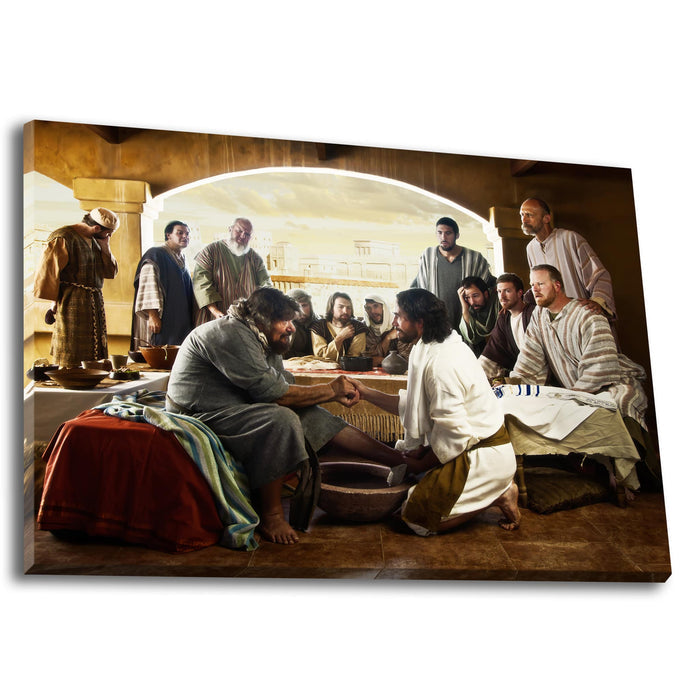 Jesus Christ washing Peter's feet. 'Last Supper' realistic Christian art work on canvas by Reflections of Christ.