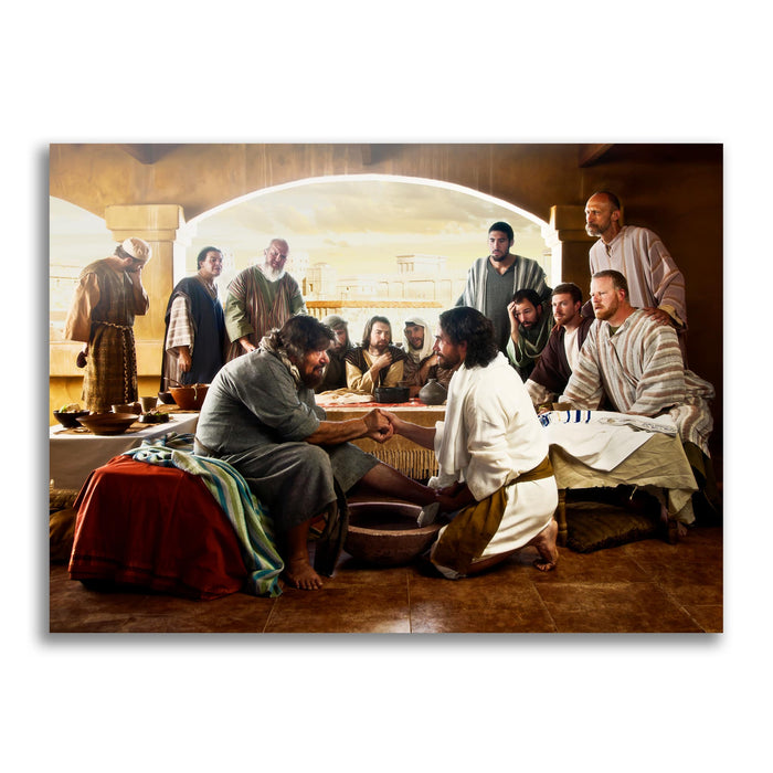 Jesus Christ washing Peter's feet. 'Last Supper' realistic Christian art work on metal by Reflections of Christ.