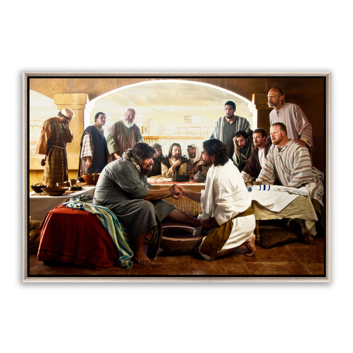 Jesus Christ washing Peter's feet. 'Last Supper' realistic Christian art work on metal with silver frame by Reflections of Christ.