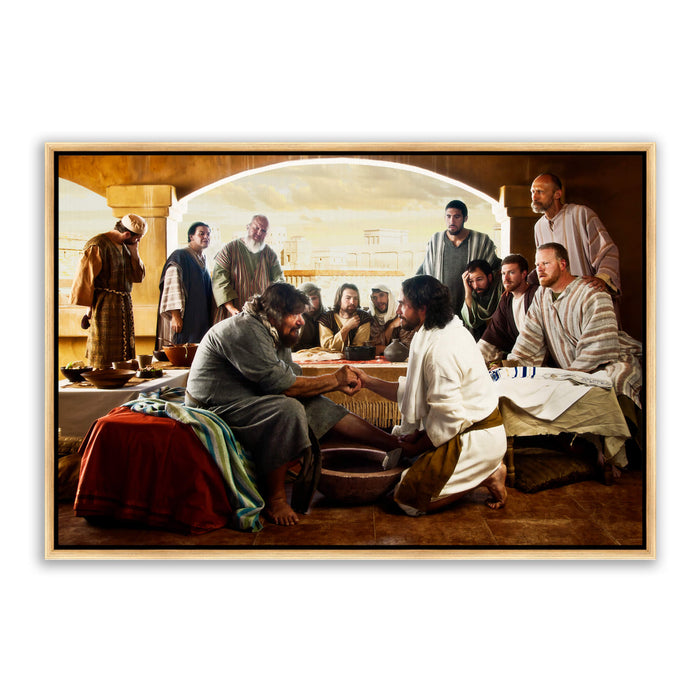 Jesus Christ washing Peter's feet. 'Last Supper' realistic Christian art work on canvas with gold frame by Reflections of Christ.