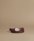 A dark brown leather belt with a large, polished silver oval buckle, neatly coiled on a warm beige studio background.