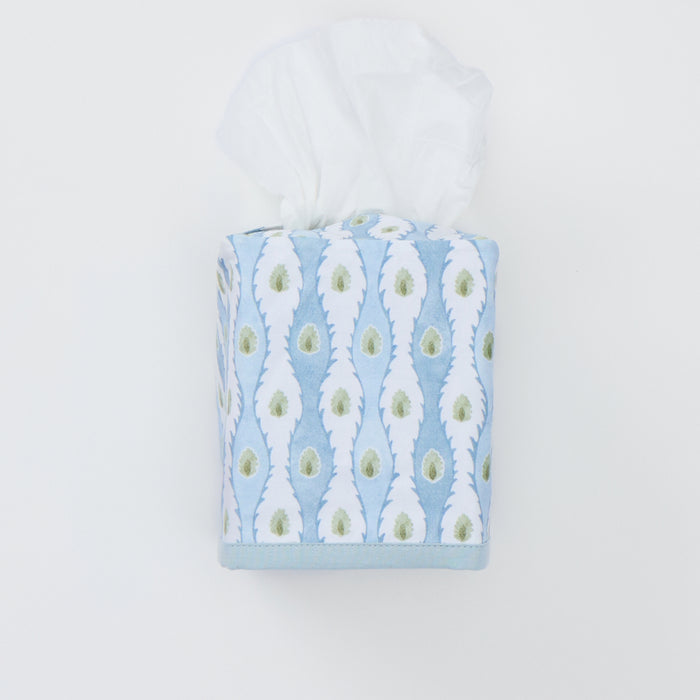 Square cotton tissue box cover featuring the Lee Jofa Marciana floral print in chambray.