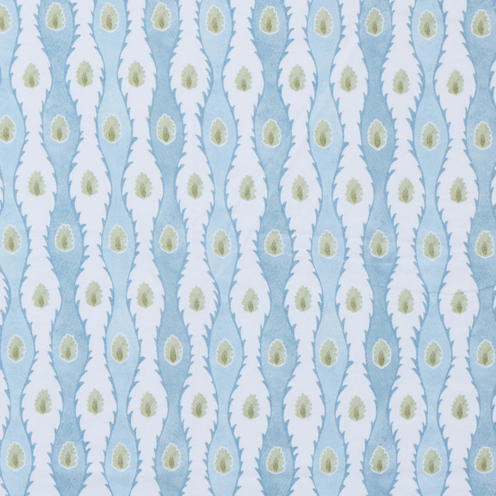 Close-up of the Lee Jofa Marciana Chambray fabric with a blue and green repeating pattern.