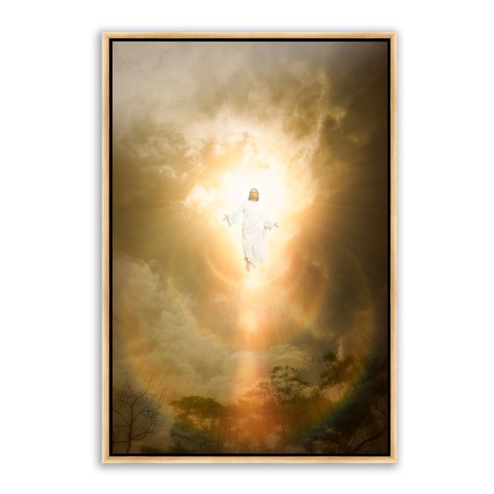 Light and Life' is Jesus Christ descending from the above. Modern Christian wall art on metal with gold frame by Reflections of Christ.