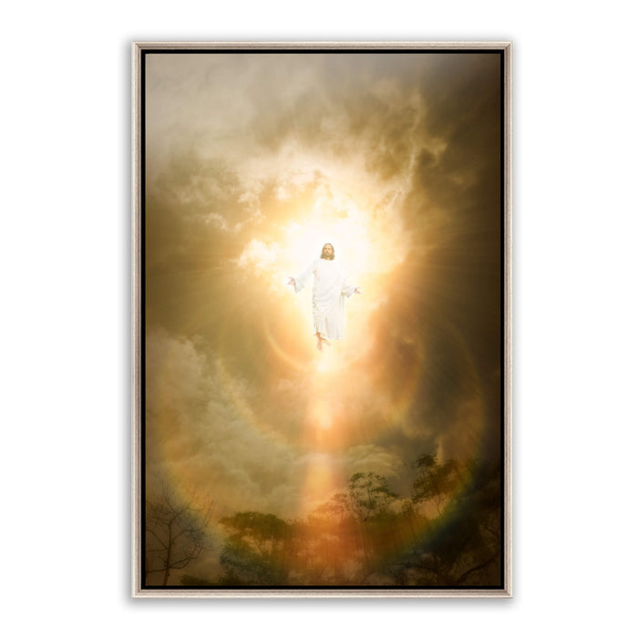 Light and Life' is Jesus Christ descending from the above. Modern Christian wall art on metal with silver frame by Reflections of Christ.