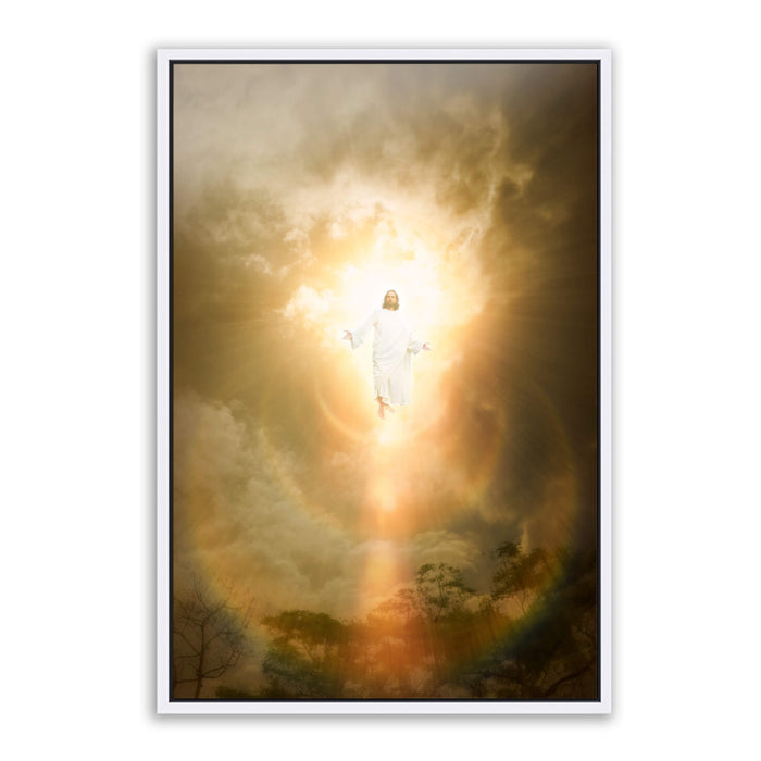 Light and Life' is Jesus Christ descending from the above. Modern Christian wall art on metal with white frame by Reflections of Christ.