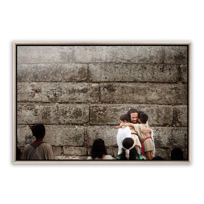 Jesus Christ with children. 'Little Boys' realistic Christian art work on metal with silver frame by Reflections of Christ.