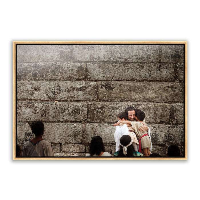 Jesus Christ with children. 'Little Boys' realistic Christian art work on metal with gold frame by Reflections of Christ.