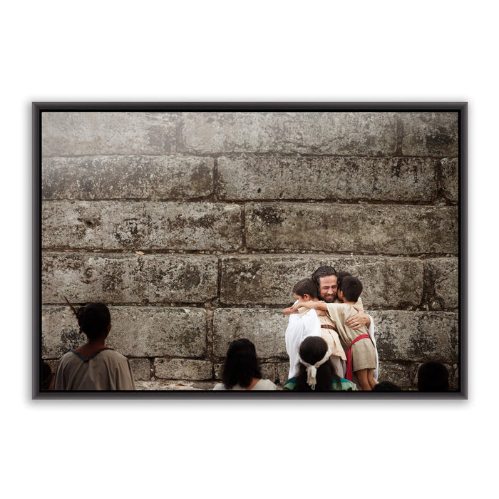 Jesus Christ with children. 'Little Boys' realistic Christian art work on metal with black frame by Reflections of Christ.