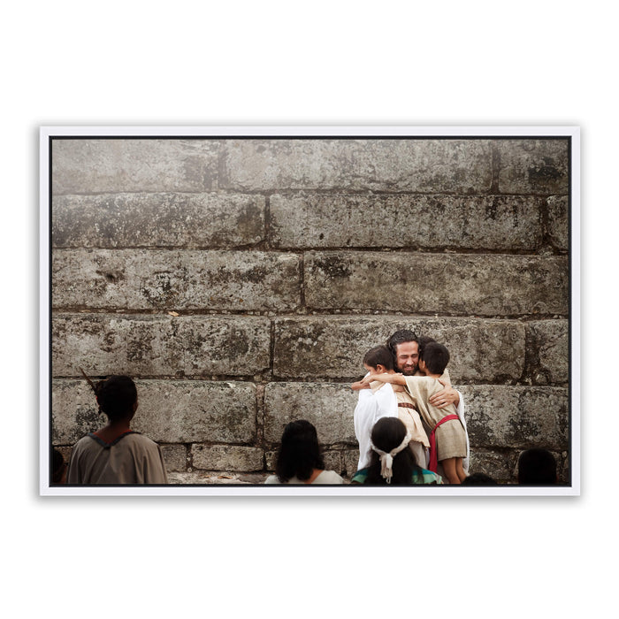Jesus Christ with children. 'Little Boys' realistic Christian art work on metal with white frame by Reflections of Christ.