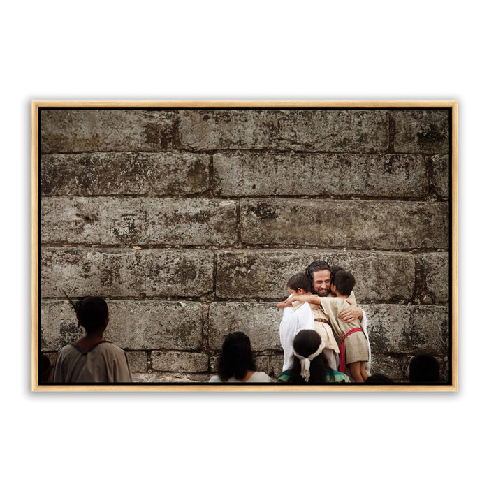 Jesus Christ with children. 'Little Boys' realistic Christian art work on canvas with gold frame by Reflections of Christ.