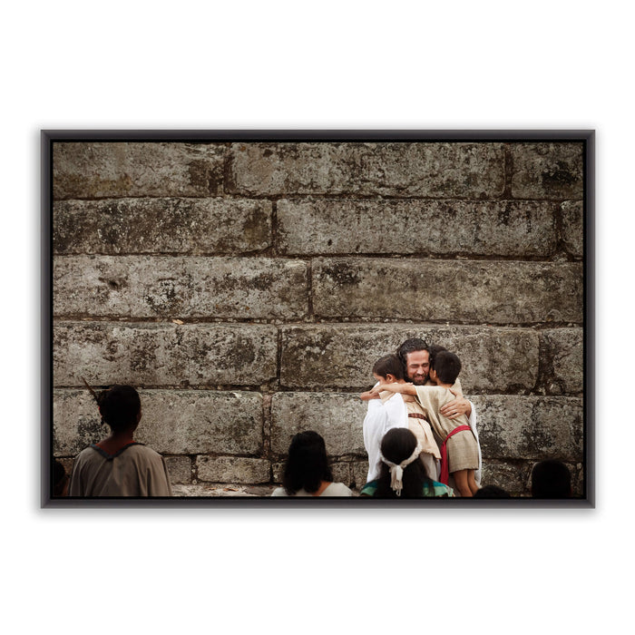 Jesus Christ with children. 'Little Boys' realistic Christian art work on canvas with black frame by Reflections of Christ.