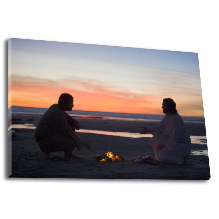 Jesus Christ with Peter on the beach. 'Lovest Thou Me' is a realistic Christian art work on canvas by Reflections of Christ.