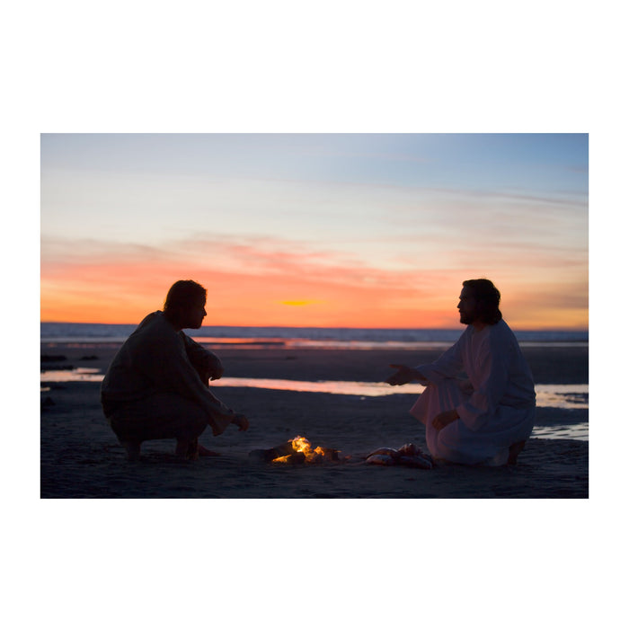 Jesus Christ with Peter on the beach. 'Lovest Thou Me' is a realistic Christian art work on metal by Reflections of Christ.