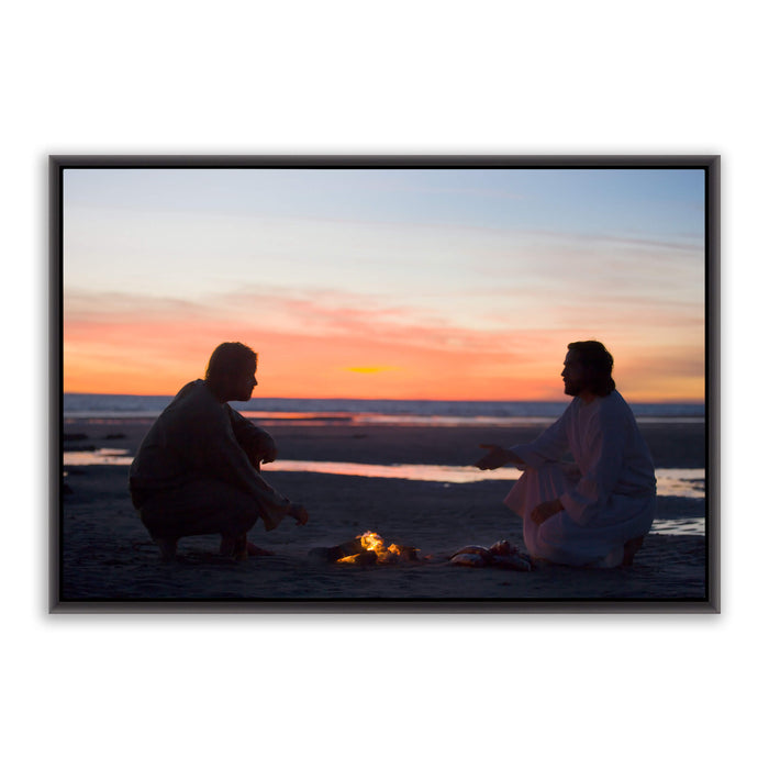 Jesus Christ with Peter on the beach. 'Lovest Thou Me' is a realistic Christian art work on metal with black frame by Reflections of Christ.