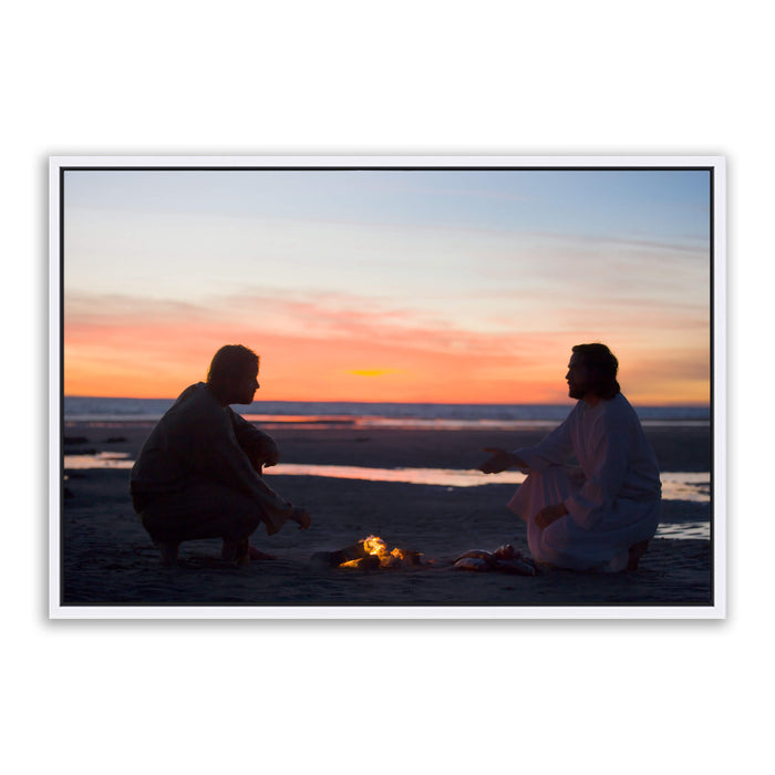 Jesus Christ with Peter on the beach. 'Lovest Thou Me' is a realistic Christian art work on metal with white frame by Reflections of Christ.