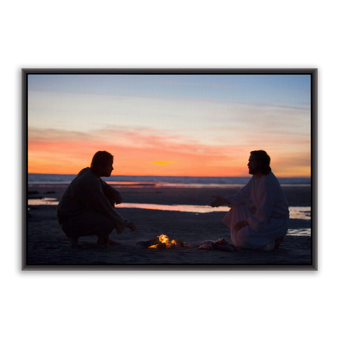 Jesus Christ with Peter on the beach. 'Lovest Thou Me' is a realistic Christian art work on canvas with black frame by Reflections of Christ.