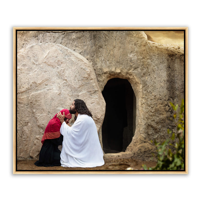 Modern Christian pictures. 'Mary' Magdalene and Jesus at empty tomb on canvas with gold frame by Reflections of Christ.