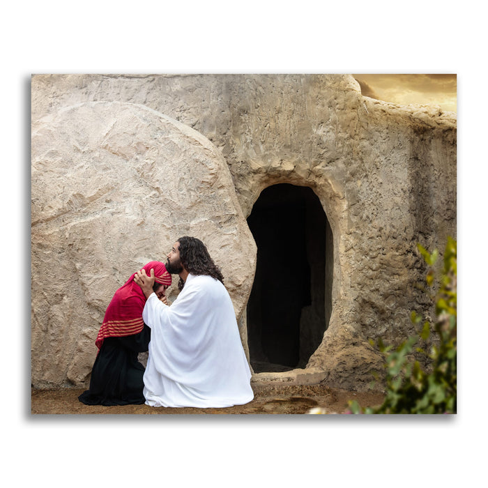 Modern Christian pictures. 'Mary' Magdalene and Jesus at empty tomb on metal print by Reflections of Christ.