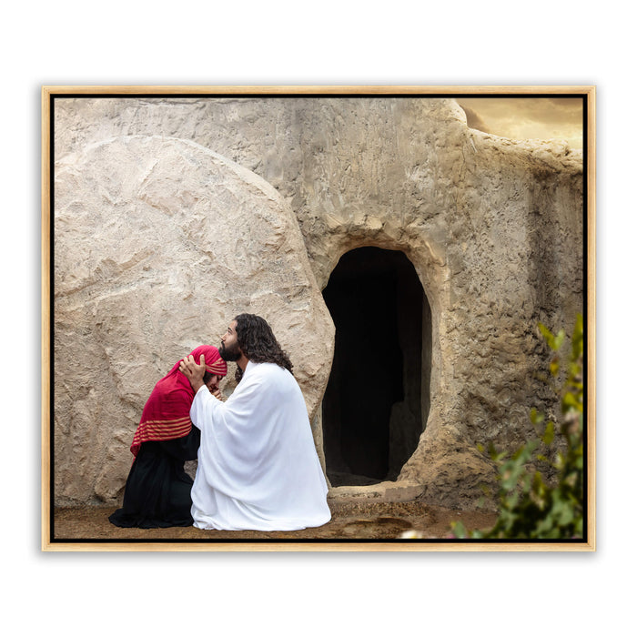 Modern Christian pictures. 'Mary' Magdalene and Jesus at empty tomb on metal with gold frame by Reflections of Christ.