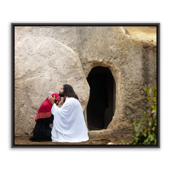 Modern Christian pictures. 'Mary' Magdalene and Jesus at empty tomb on metal with black frame by Reflections of Christ.