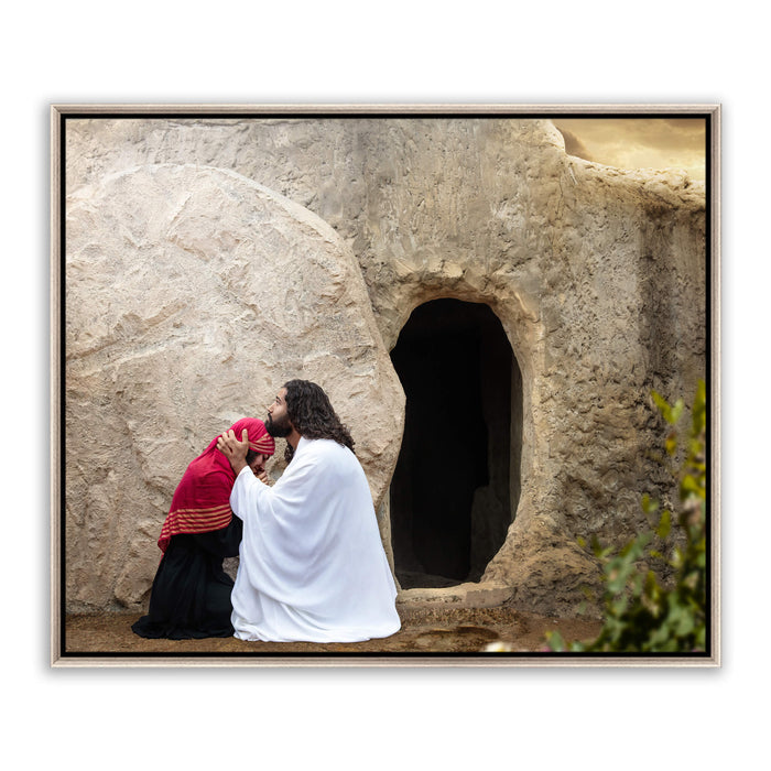 Modern Christian pictures. 'Mary' Magdalene and Jesus at empty tomb on metal with silver frame by Reflections of Christ.