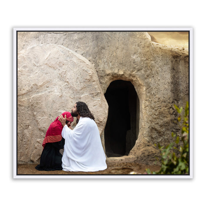 Modern Christian pictures. 'Mary' Magdalene and Jesus at empty tomb on metal with white frame by Reflections of Christ.