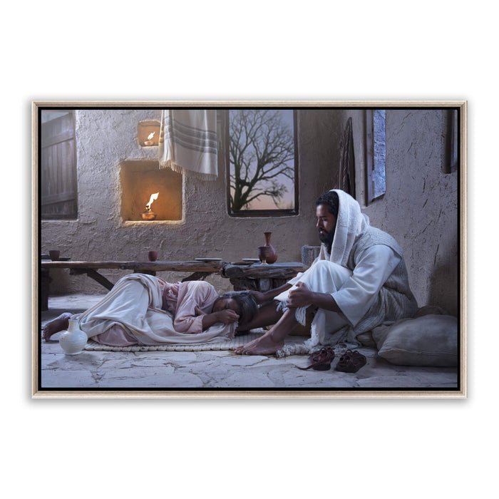 Jesus Christ with Mary at His feet. A modern realistic Christian art work on metal with silver frame by Reflections of Christ.