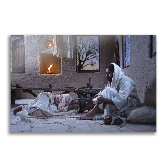 Jesus Christ with Mary at His feet. A modern realistic Christian art work on metal by Reflections of Christ.