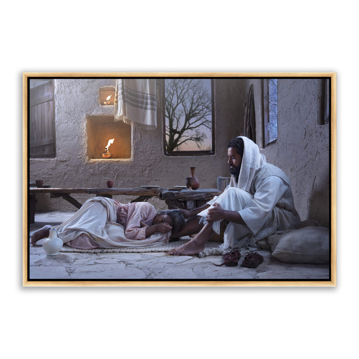 Jesus Christ with Mary at His feet. A modern realistic Christian art work on metal with gold frame by Reflections of Christ.